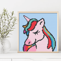 Rainbow unicorn cross stitch pattern, modern rainbow unicorn counted cross stitch chart, pastel colours, pink PDF