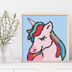 rainbow unicorn cross stitch pattern, modern rainbow unicorn counted cross stitch chart, pastel colours, pink pdf