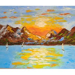 sunset at sea seascape sailboats at sunset orange sunset original painting small painting seashore 7x9.5 inches