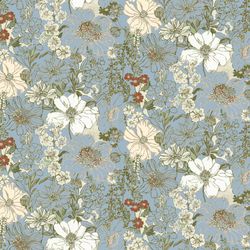 Light Blue Floral Fabric, Fabric with Blooming Flowers, Linen and Viscose Fabric, Botanical Fabric, Garden Floral Fabric
