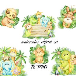 Jungle watercolor animal clipart, jungle nursery, jungle baby shower,  African animals watercolor clipart, lion, elephan