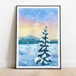 Snow tree watercolor printable file