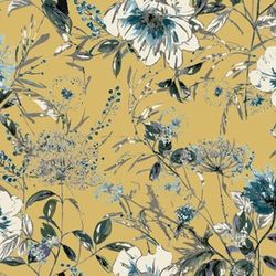 Mustard Floral Fabric, Fabric with Blooming Flowers, Linen and Viscose Fabric, Botanical Fabric, Garden Floral Fabric