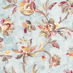 Floral Fabric, Fabric with Blooming Flowers, Linen and Viscose Fabric, Botanical Fabric, Duck Egg Floral Fabric