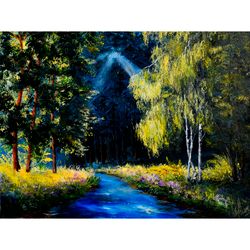 Green forest  with a river oil painting wall Art Original oil painting River painting Summer landscape with a river