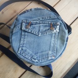 Small denim handbag. Fabric handbag crossbody bag ,Round Denim Mini purse , small purse    .