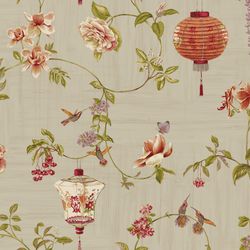 Floral Fabric, Fabric with Chinese Lanterns, Birds, Butterfilies, Roses, Cotton Floral Fabric, Botanical Fabric