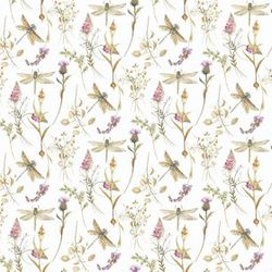 Dragonfly Fabric, Fabric with Dragonflies and Wild Flowers Cotton Floral Fabric, Botanical Fabric