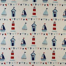 Nautical Fabric, Fabric with Lighthouse, Boats, Bunting, Beach Huts, Maritime Cotton Fabric