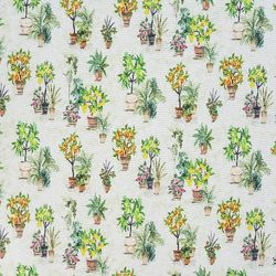 Floral Fabric, Fabric with Plants, Botanical Fabric,  Cotton Fabric with Flowers, Plants in Pots Fabric