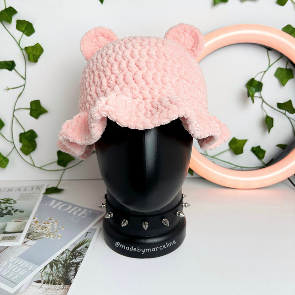 crochet with plushie yarn peach color bucket hat with bear ears on top with and curly brim