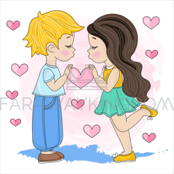 CHILDREN LOVE Valentine Day Holiday Vector Illustration Set