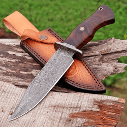 Running Free Damascus Steel Outdoor Knife  Collectible Fixed Blade Hunting Knife East Indian Rosewood Handle