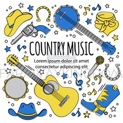 COUNTRY MUSIC FESTIVAL Western Holiday Vector Illustration Set