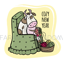 cow knits and wishes a cozy new year vector illustration set