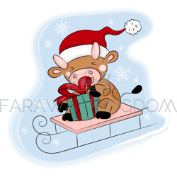 cozy bull rides a sled cartoon animal vector illustration set