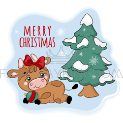 cozy bull under the christmas tree cartoon vector illustration