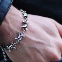 barbed style design biker unisex bracelet - barbed wire unisex bracelet - sterling silver bracelet - men's bracele