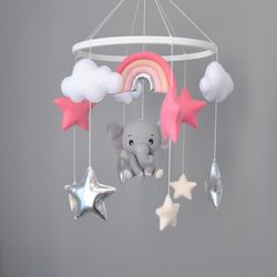 Elephant baby mobile girl, baby mobile with a elephant, nursery decor, rainbow baby mobile girl