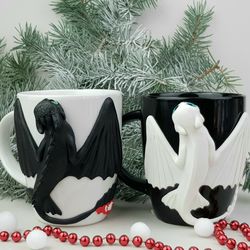 Couples Mug Set Dragons White and Black Polymer clay Dragons sculpture, Valentines Mug Set, Dragon Cup for Birthday gift