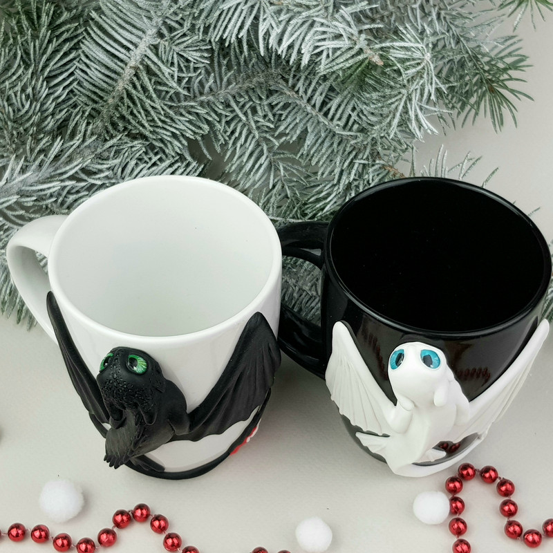 Couples Mug Set Dragons White and Black Polymer clay Dragons sculpture, Valentines Mug Set 8.jpg