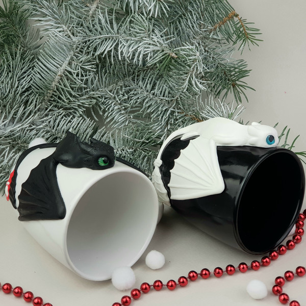 Couples Mug Set Dragons White and Black Polymer clay Dragons sculpture, Valentines Mug Set 9.jpg