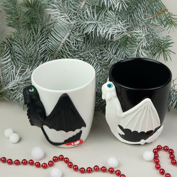 Couples Mug Set Dragons White and Black Polymer clay Dragons sculpture, Valentines Mug Set 5.jpg