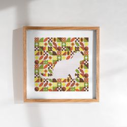 Sitting cat inside Boho autumn colors abstract modern style cross stitch digital pattern for home decor and gift