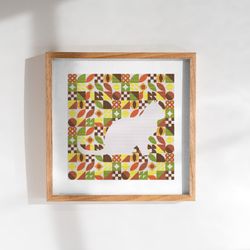 sitting cat inside boho autumn colors abstract modern style cross stitch digital pattern for home decor and gift