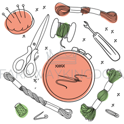 cross stitch tools embroidery vector illustration set