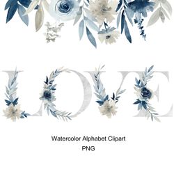 Watercolor Floral Alphabet. Letters clipart, Indigo peony, Flower numbers.