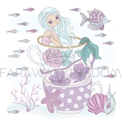 cup mermaid ocean princess vacation vector illustration set