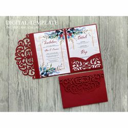 cricut ornamental wedding invitation svg template classic, laser cut pocket invitation, papercut stencil cameo, cutting