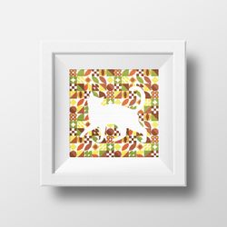 Walking cat inside Boho autumn colors abstract modern style cross stitch digital pattern for home decor and gift