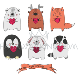 cute animals comic valentines cartoon vector illustration set