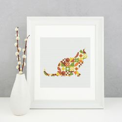 Sitting cat with Boho autumn colors abstract modern style cross stitch digital pattern for home decor and gift