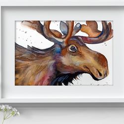 Moose painting Watercolor Wall Decor 5"x7" home art animals painting by Anne Gorywine