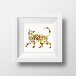 walking cat with boho autumn colors abstract modern style cross stitch digital pattern for home decor and gift