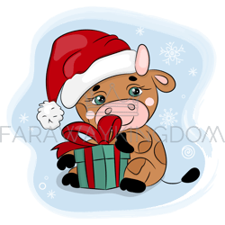 cute cartoon bull in santa hat on a blue background vector