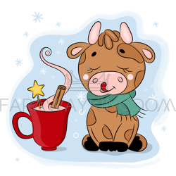 cute cartoon bull with cup of chocolate animal vector set