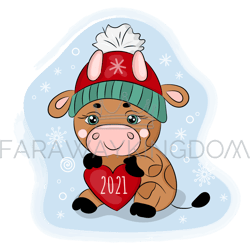 cute cartoon bull with heart 2021 in a winter hat vector