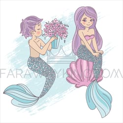 cute mermaid cartoon travel tropical vector illustration set