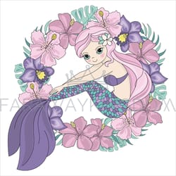 cutie mermaid princess wreath tropical vector illustration set