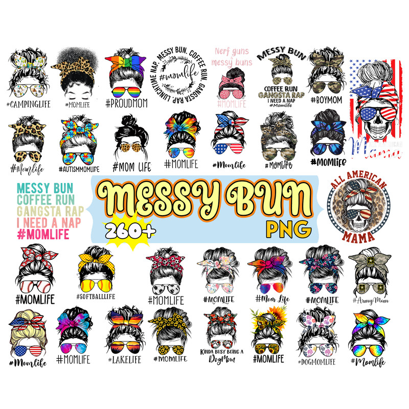 Messy Bun Bundle png, Mom Life png, Mom Skull png, Hair Clipart, Black Woman png, Mom And Daughter png.jpg