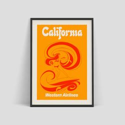 California - Western Airlines vintage travel poster in Art Deco style, 1970
