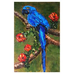 Parrot Painting Oil Blue Bird Original Art Animal Artwork Canvas Art