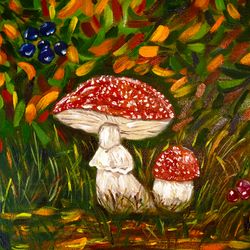 Mushroom Art Mushroom Landscape Dining Room Decor Original Oil Painting Impasto 7.8 x 7.8. inches