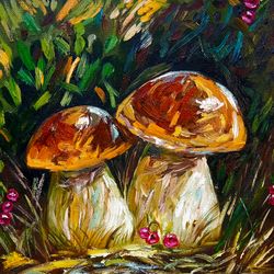 Mushroom Art Mushroom Landscape Dining Room Decor Original Oil Painting Impasto 7.8 x 7.8 inches
