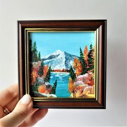 Fall mountain landscape painting small wall decor framed art