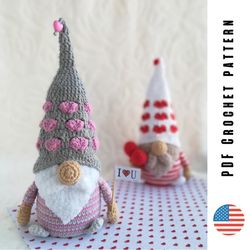 Crochet Gnome Pattern for Valentines Day, amigurumi gnomes in love, DIY gift heart toy, pattern by CrochetToysForKids